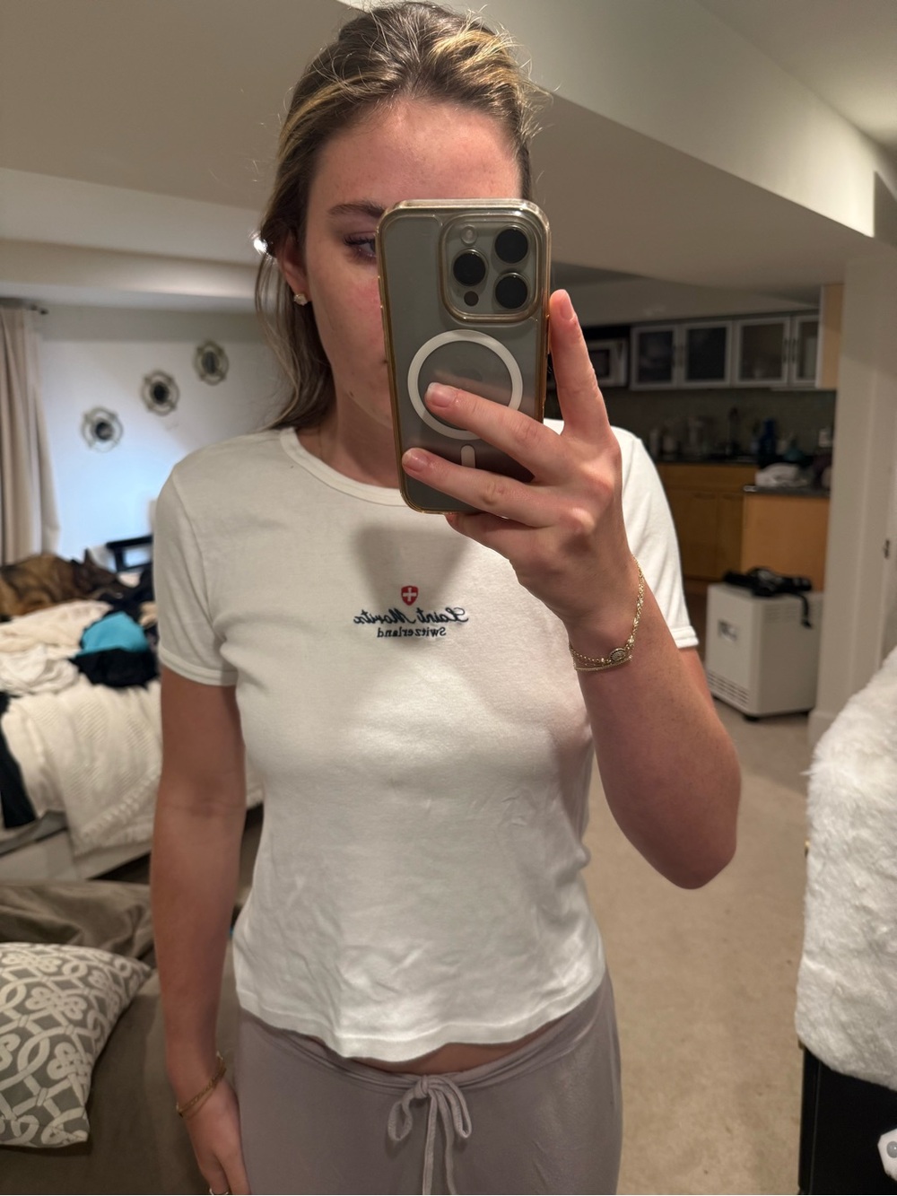 Brandy Melville White Short-Sleeve Crew Tee with Small Embroidered Logo